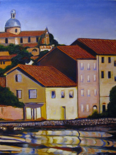 Italian Lake Village Oil Painting